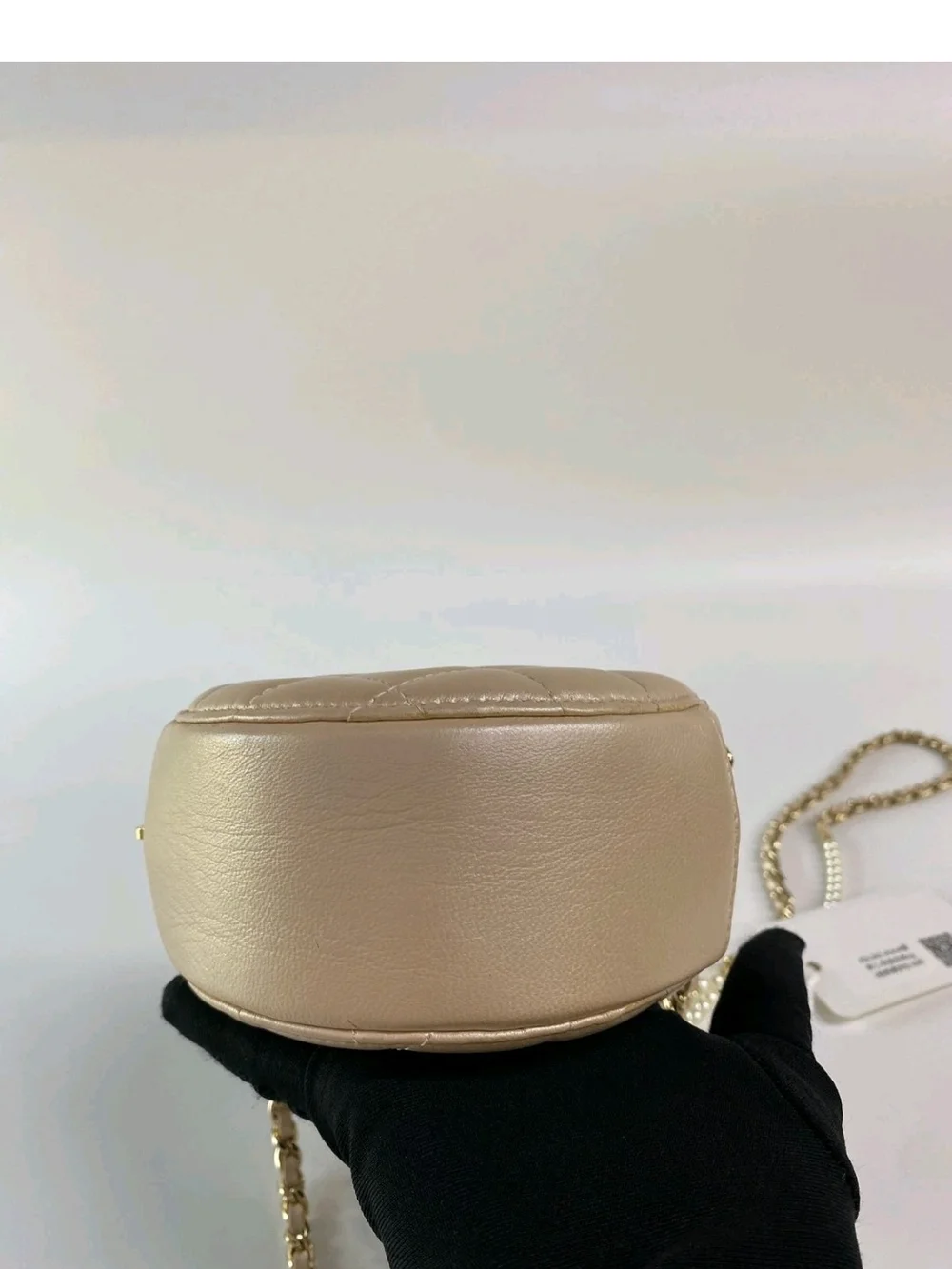 CHANEL Beige Iridescent Calfskin Quilted Round Pearl Chain Crossbody Bag